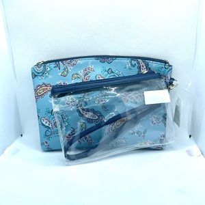 2 pc Set Blue Paisley Print Zip Pouch With Clear makeup bag NWT Time and Tru